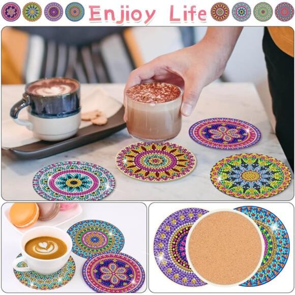Diamond Art Painting Coasters Kit, 8 Pieces Mandala Diamond Art Coasters - Picture 6 of 7